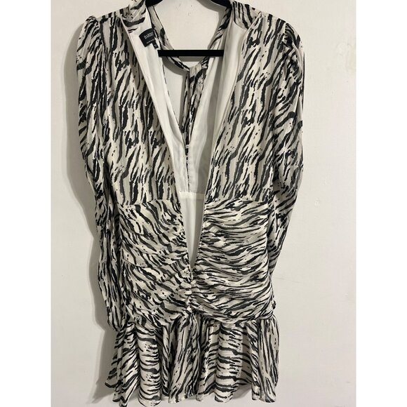 BARDOT Black White Ruched Zebra Print Long Sleeve Flared Hem|Party Dress  US 6 - Picture 7 of 14